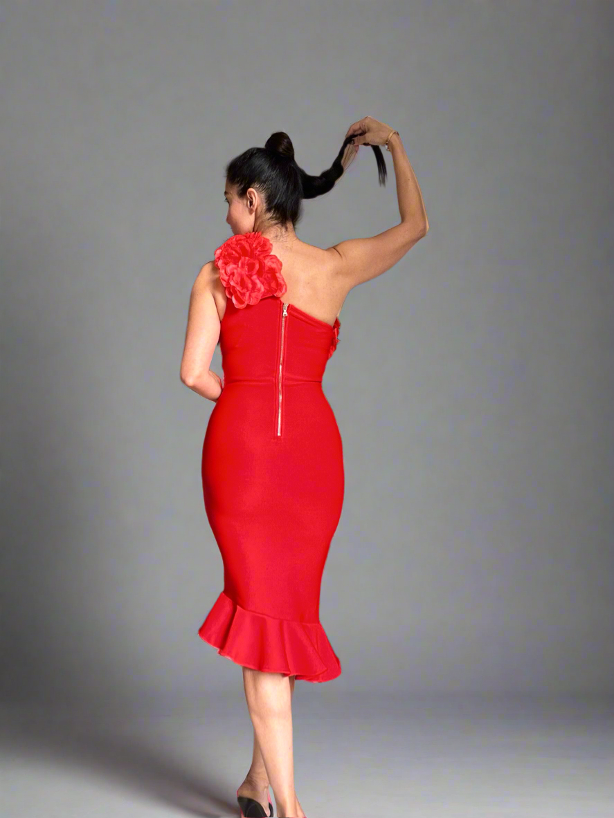 Red Stretch Dress with Hand-Sewn Petal Details on the Bodice