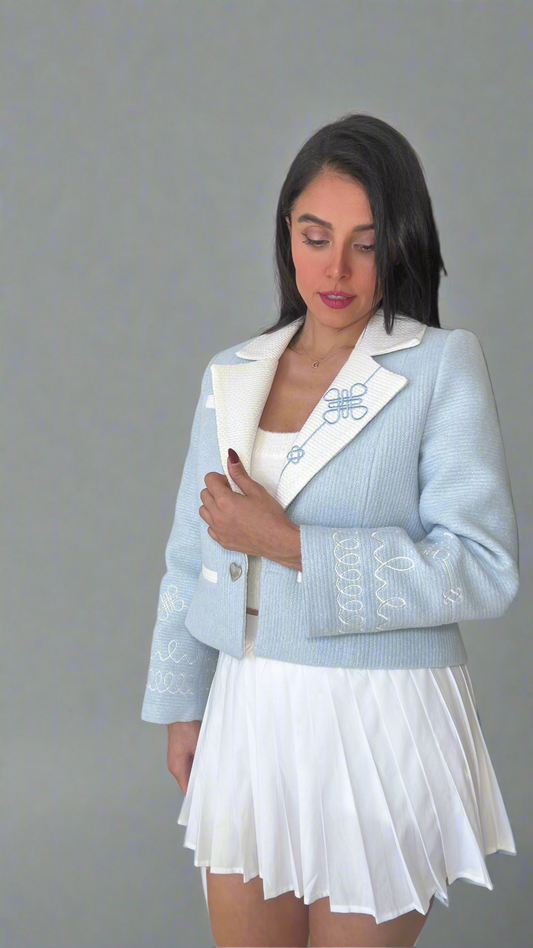 Light Blue & White Patterned Embroidered Jacket - Perfect for All Seasons.