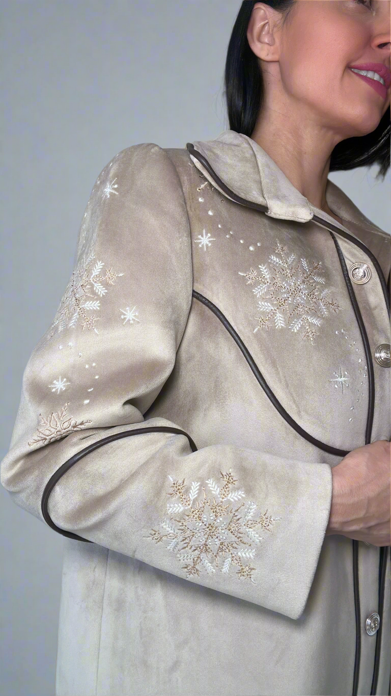 Golden Velvet Coat with Embroidered Snowflakes