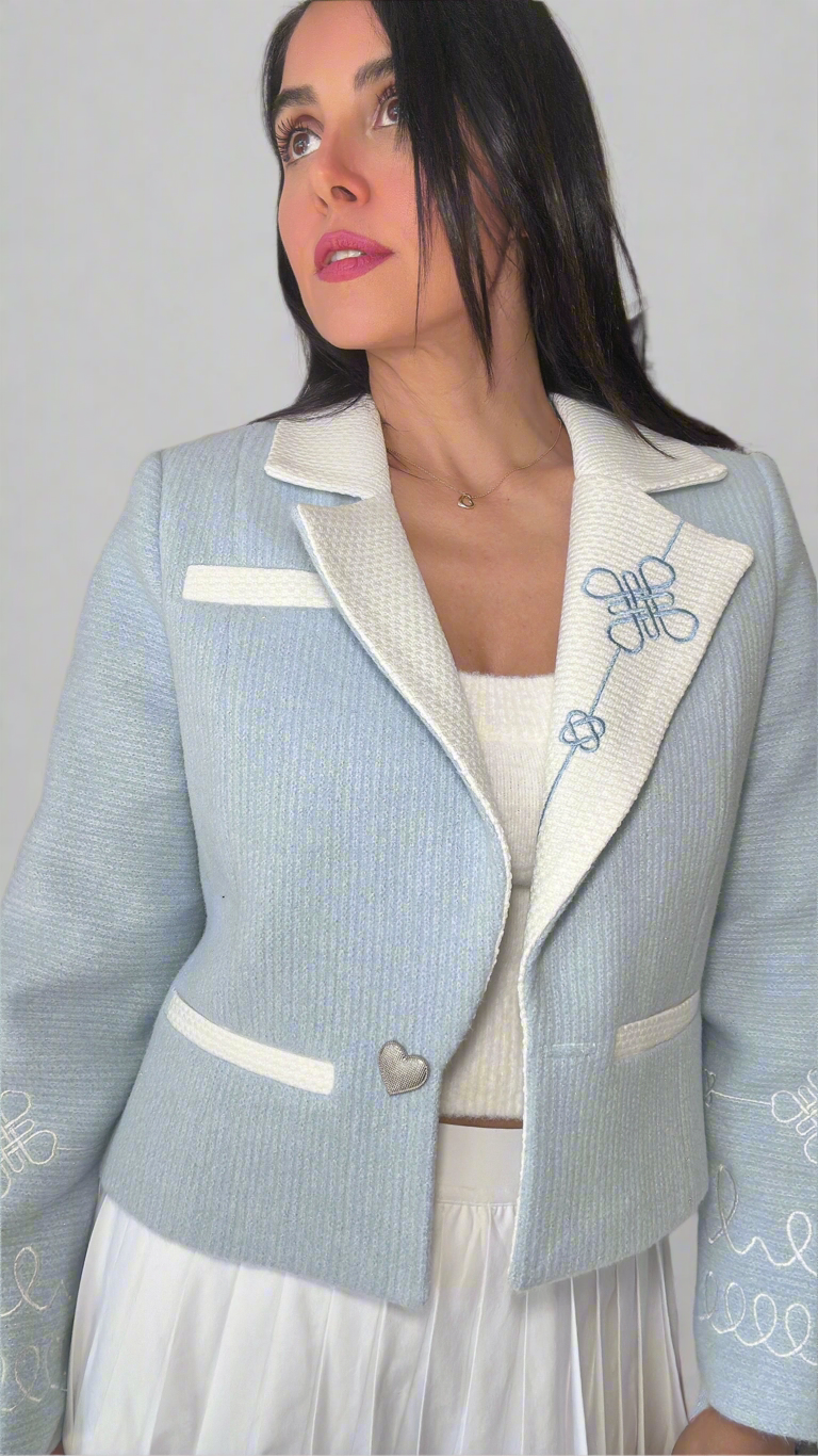 Light Blue & White Patterned Embroidered Jacket - Perfect for All Seasons.