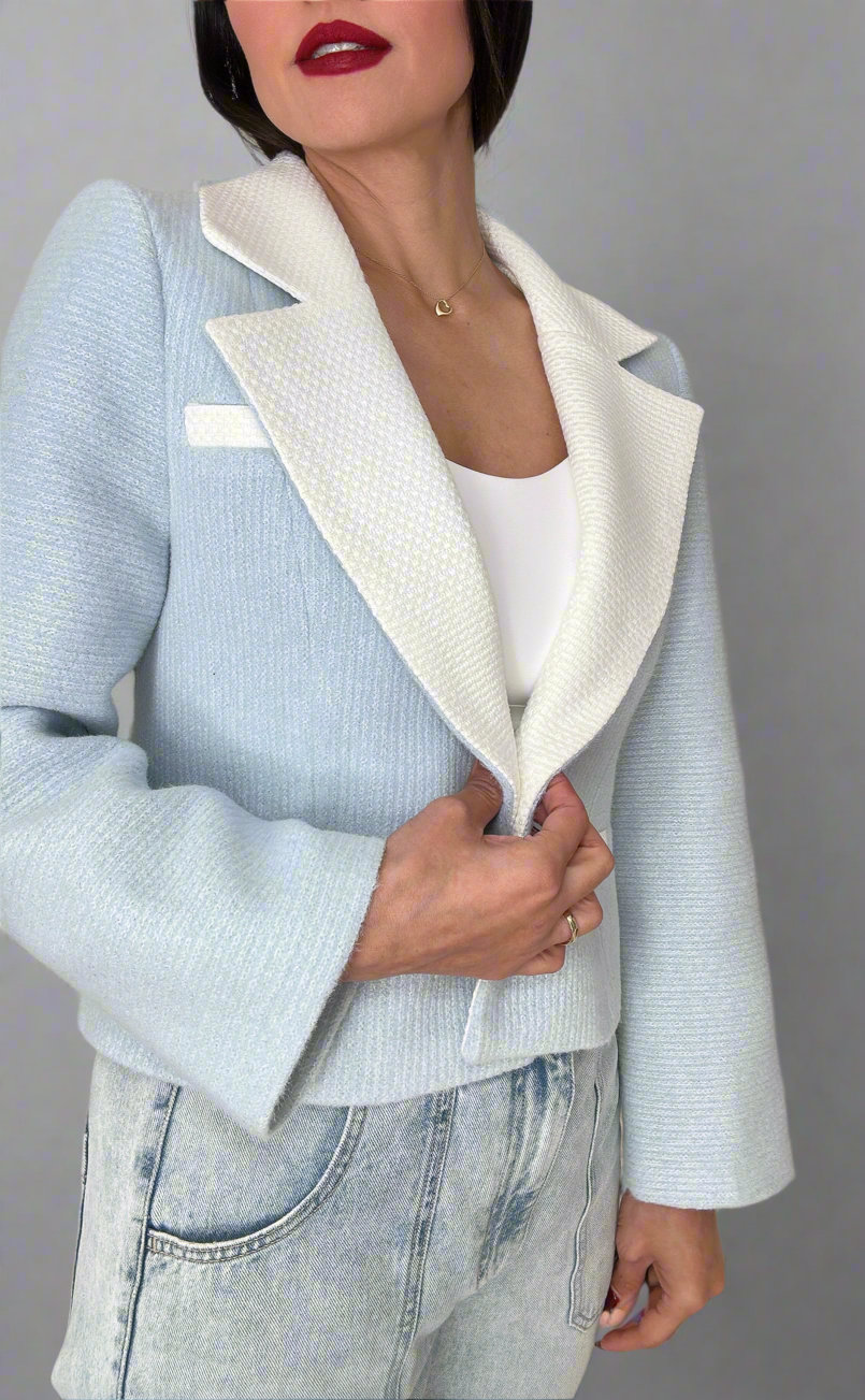 Blue Blazer with White Collar and Patterned Fabric