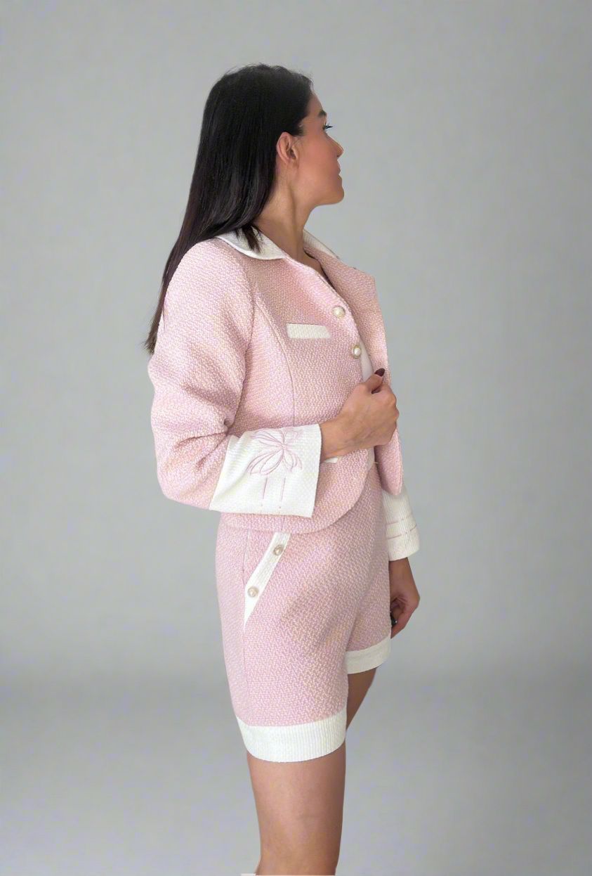 Soft Pink Embroidered Jacket and Shorts Set.