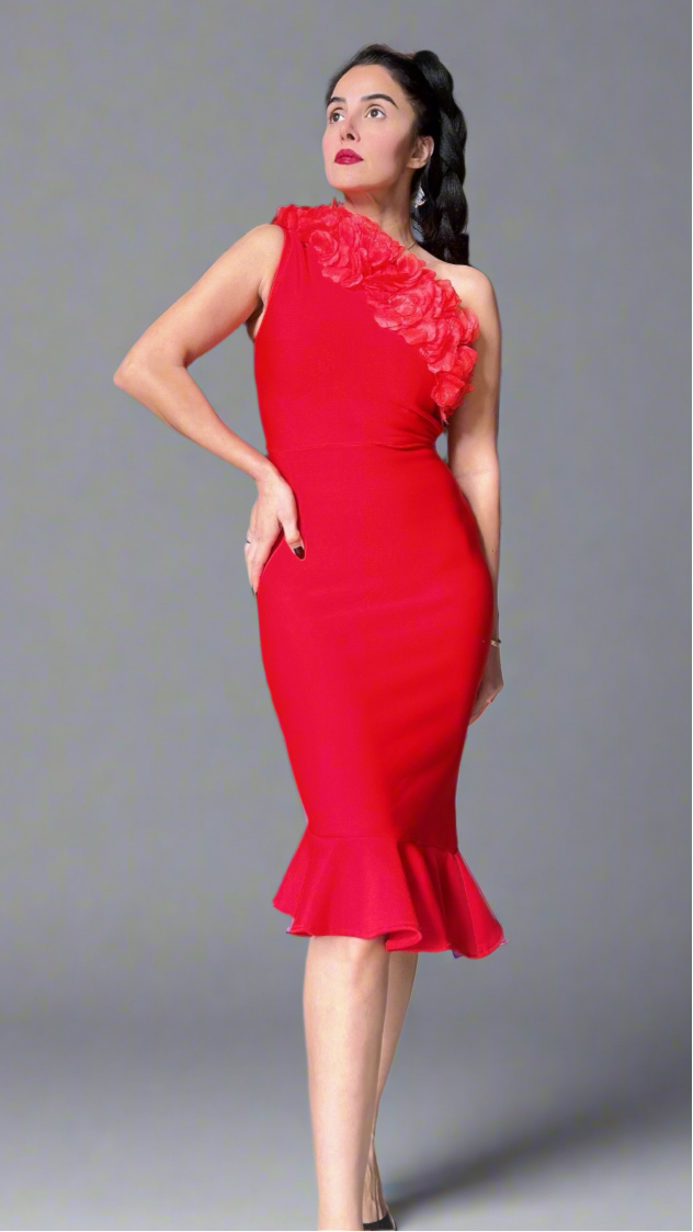 Red Stretch Dress with Hand-Sewn Petal Details on the Bodice