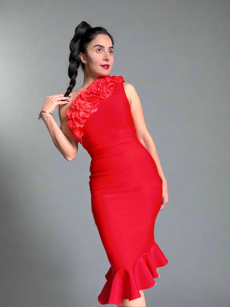 Red Stretch Dress with Hand-Sewn Petal Details on the Bodice